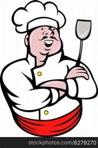illustration of a chef, cook or baker with spatula arms crossed cartoon style.