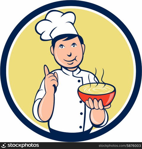 Illustration of a chef cook pointing up and holding bowl of soup with other hand set inside circle on isolated background done in cartoon style. . Chef Cook Bowl Pointing Circle Cartoon