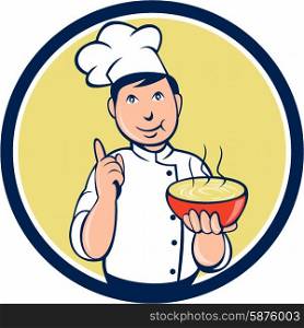 Illustration of a chef cook pointing up and holding bowl of soup with other hand set inside circle on isolated background done in cartoon style. . Chef Cook Bowl Pointing Circle Cartoon