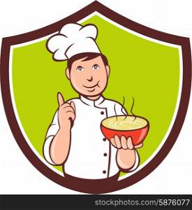 Illustration of a chef cook pointing up and holding bowl of soup with other hand set inside shield crest on isolated background done in cartoon style. . Chef Cook Bowl Pointing Crest Cartoon