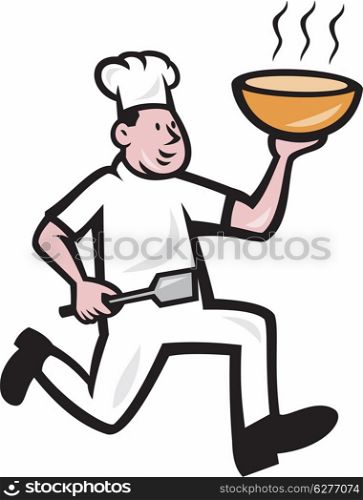 Illustration of a chef cook running holding hot bowl of noodle soup viewed from side done in cartoon style on isolated white background.