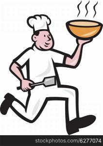 Illustration of a chef cook running holding hot bowl of noodle soup viewed from side done in cartoon style on isolated white background.