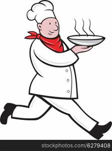 illustration of a chef cook running side view serving hot soup bowl on isolated background done in cartoon style. chef cook running serving hot soup bowl
