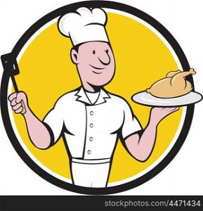 Illustration of a chef cook serving roast chicken on a platter on one hand and holding a spatula on the other hand viewed from front set inside circle on isolated background done in cartoon style. . Chef Cook Roast Chicken Spatula Circle Cartoon