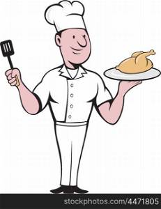 Illustration of a chef cook standing serving roast chicken on a platter on one hand and holding a spatula on the other hand viewed from front set on isolated white background done in cartoon style. . Chef Cook Roast Chicken Spatula Cartoon