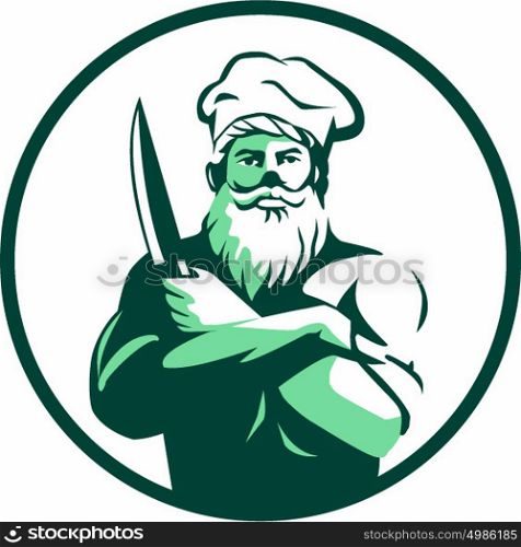 Illustration of a chef cook with beard wearing chef's hat arms crossed holding knife facing front set inside circle on isolated background done in retro style.