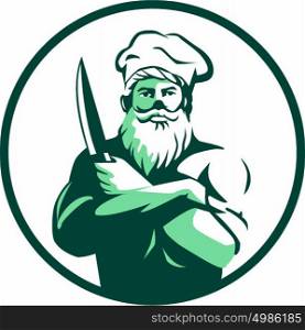 Illustration of a chef cook with beard wearing chef's hat arms crossed holding knife facing front set inside circle on isolated background done in retro style.
