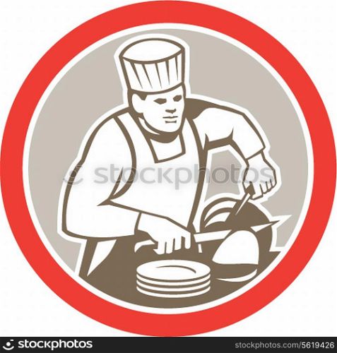 Illustration of a chef cook with knife plates slicing meat set inside circle on isolated background done in retro style.. Chef Cook Slicing Meat Circle Retro