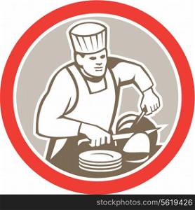 Illustration of a chef cook with knife plates slicing meat set inside circle on isolated background done in retro style.. Chef Cook Slicing Meat Circle Retro