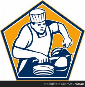 Illustration of a chef cook with knife slicing leg of ham meat set inside pentagon done in retro style.