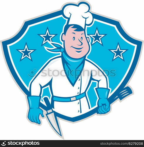 Illustration of a chef cook with spatula and kitchen knife on hip wearing bandana on neck and facing front set inside shield with stars done in cartoon style.. Chef Cook Star Shield
