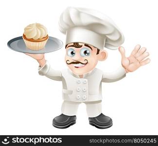 Illustration of a chef or baker with a cake on a plate