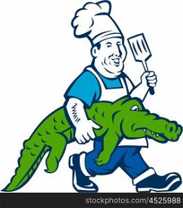 Illustration of a chef smiling carrying alligator in one hand and holding spatula in the other hand walking viewed from the side set on isolated white background done in cartoon style. . Chef Alligator Spatula Walking Cartoon
