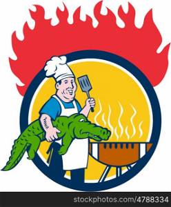 Illustration of a chef smiling carrying alligator in one hand and holding spatula in the other hand cooking with bbq grill set inside circle with fire in the background done in cartoon style. . Chef Alligator Spatula BBQ Grill Fire Circle Cartoon