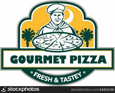 Illustration of a chef with pizza set inside shield and banner with the words text Gourmet Pizza Fresh &amp; Tastey and palmetto trees in the background done in retro style.