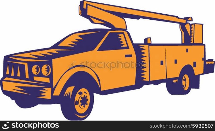 Illustration of a cherry picker mobile lift truck viewed from side set on isolated white background done in retro woodcut style.. Cherry Picker Mobile Lift Truck Woodcut