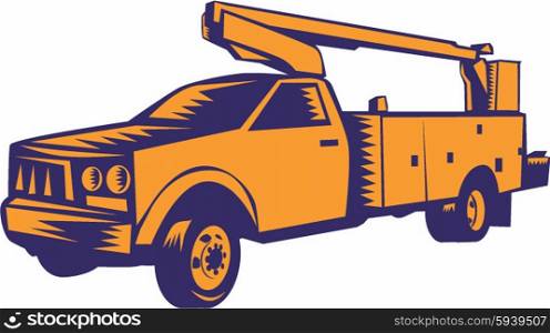 Illustration of a cherry picker mobile lift truck viewed from side set on isolated white background done in retro woodcut style.. Cherry Picker Mobile Lift Truck Woodcut