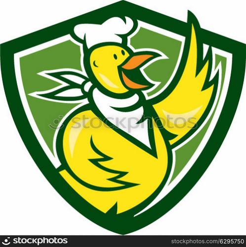 Illustration of a chicken chef cook standing waving hello with bandana on neck and facing side set inside shield crest done in cartoon style.. Chicken Chef Cook Waving Standing Cartoon