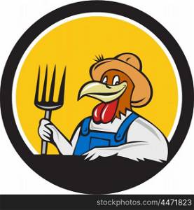 Illustration of a chicken farmer wearing overalls and hat holding pitchfork viewed from front set inside circle on isolated background done in cartoon style. . Chicken Farmer Pitchfork Circle Cartoon