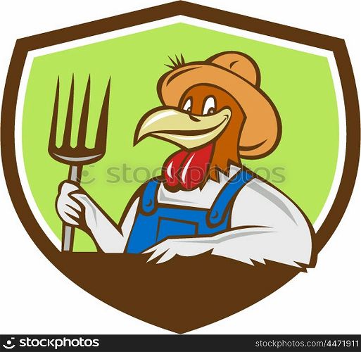 Illustration of a chicken farmer wearing overalls and hat holding pitchfork viewed from front set inside shield crest on isolated background done in cartoon style. . Chicken Farmer Pitchfork Crest Cartoon