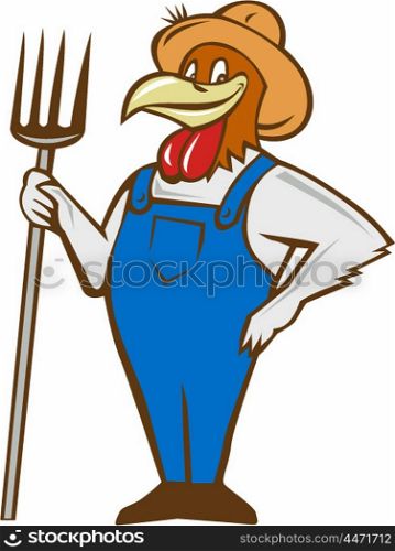 Illustration of a chicken farmer wearing overalls and hat standing holding pitchfork on one hand and the other hand on hips viewed from front set on isolated white background done in cartoon style. . Chicken Farmer Pitchfork Isolated Cartoon