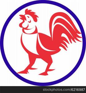 Illustration of a chicken rooster crowing looking up viewed from the side set inside circle on isolated background done in retro style. . Chicken Rooster Crowing Circle Retro