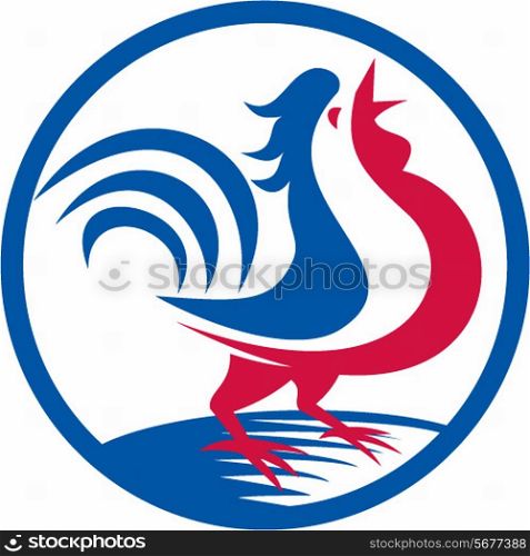 Illustration of a chicken rooster crowing viewed from the side set inside circle on isolated background done in retro style. . Chicken Rooster Crowing Circle Retro
