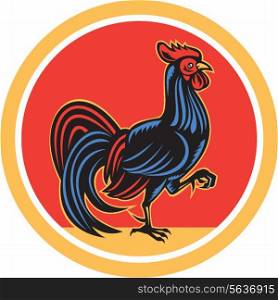Illustration of a chicken rooster facing side marching walking set inside circle on isolated background done in retro style. . Chicken Rooster Marching Walking Circle Retro