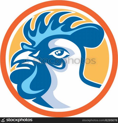 Illustration of a chicken rooster head viewed from the side set inside circle on isolated background done in retro style. . Chicken Rooster Head Side Circle Retro