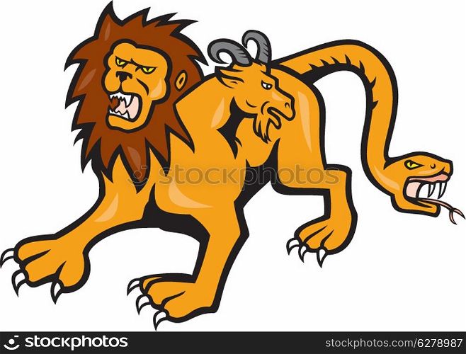 Illustration of a Chimera, mythical creature of Greek mythology depicted as a lion, with the head of a goat arising from its back, and a tail that ended in a snake&rsquo;s head viewed from front done in cartoon style on isolated background.