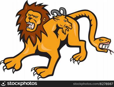 Illustration of a Chimera, mythical creature of Greek mythology depicted as a lion, with the head of a goat arising from its back, and a tail that ended in a snake&rsquo;s head viewed from front done in cartoon style on isolated background.