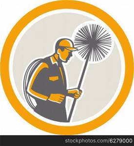 Illustration of a chimney sweep holding sweeper and rope viewed from side set inside circle on isolated background done in retro style.. Chimney Sweep Worker Retro