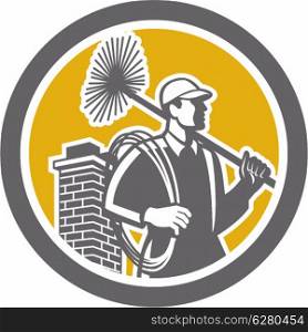 Illustration of a chimney sweep holding sweeper and rope viewed from side set inside circle on isolated background done in retro style.. Chimney Sweeper Worker Retro