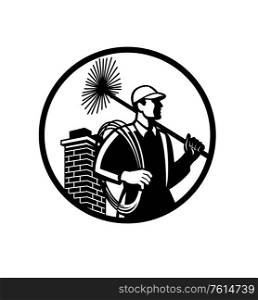 Illustration of a chimney sweep holding sweeper and rope viewed from side with chimney in back set inside circle on isolated background done in retro Black and White style.. Chimney Sweep Holding Sweeper and Rope Circle Retro Black and White