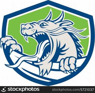 Illustration of a chinese dragon head growling viewed from the side set inside shield crest on isolated background done in retro style. . Chinese Dragon Head Growling Shield Retro