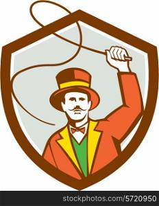 Illustration of a circus ring master holding a bullwhip facing front set inside shield crest on isolated background done in retro style. . Circus Ring Master Bullwhip Shield Retro