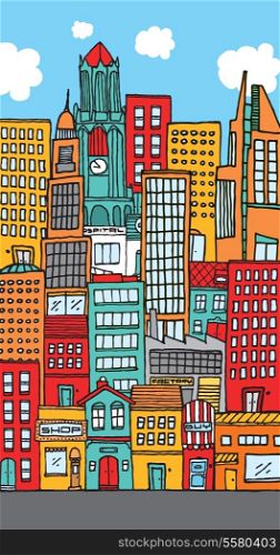 Illustration of a city with lots of colorful buildings