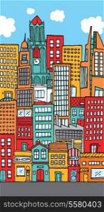 Illustration of a city with lots of colorful buildings