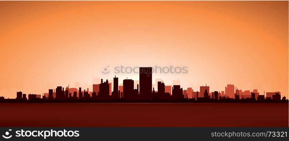 Illustration of a cityscape in the sunlight, with buildings and summer sky. Heat City