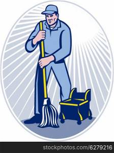 illustration of a cleaner janitor cleaning floor with mop viewed from front set inside ellipse done in retro woodcut style.&#xA;