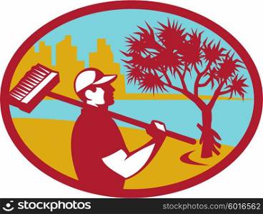 Illustration of a cleaner wearing hat holding broom on shoulder viewed from the side with pandanus tree and building and coast in the background set inside oval shape done in retro style. . Cleaner Pandanus Tree Coast Oval Retro