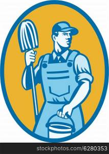 Illustration of a cleaner worker carrying cleaning mop and pail set inside ellipse done in retro style.. Cleaner Worker With Mop And Pail