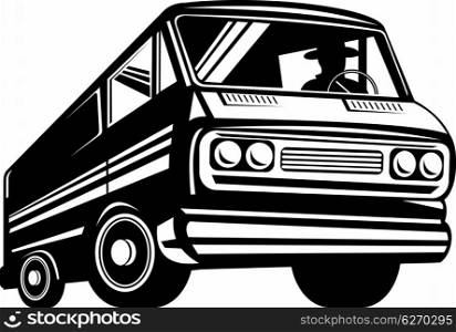 Illustration of a closed delivery van done in retro style.