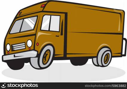 Illustration of a closed delivery van truck viewed from the side set on isolated white background done in retro style.