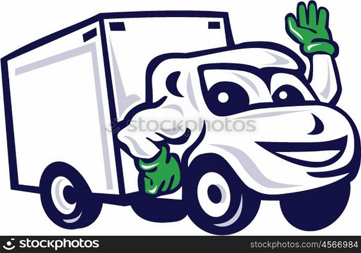 Illustration of a closed delivery van truck waving viewed from front set on isolated white background done in cartoon style.