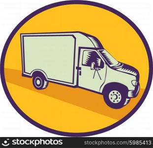 Illustration of a closed delivery van viewed from the side set inside circle on isolated background done in retro woodcut style.