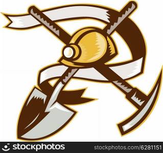 illustration of a coal miner hardhat spade shovel and pickax with scroll in background on isolated white background done in retro woodcut style. coal miner hardhat spade shovel pickax