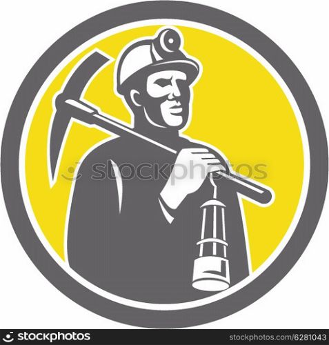 Illustration of a coal miner hardhat with crossed pick axe and lamp inside a circle done in retro style.. Coal Miner Hardhat With Pick Axe Lamp Front Circle