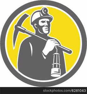 Illustration of a coal miner hardhat with crossed pick axe and lamp inside a circle done in retro style.. Coal Miner Hardhat With Pick Axe Lamp Front Circle