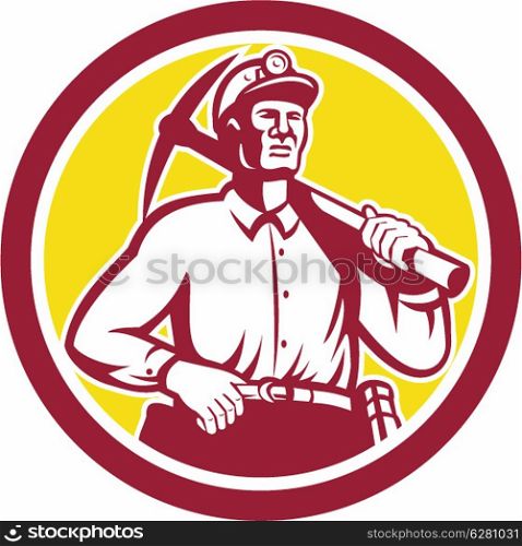 Illustration of a coal miner hardhat with crossed pick axe and spade done in retro woodcut style.. Coal Miner Hardhat With Pick Axe Front Circle